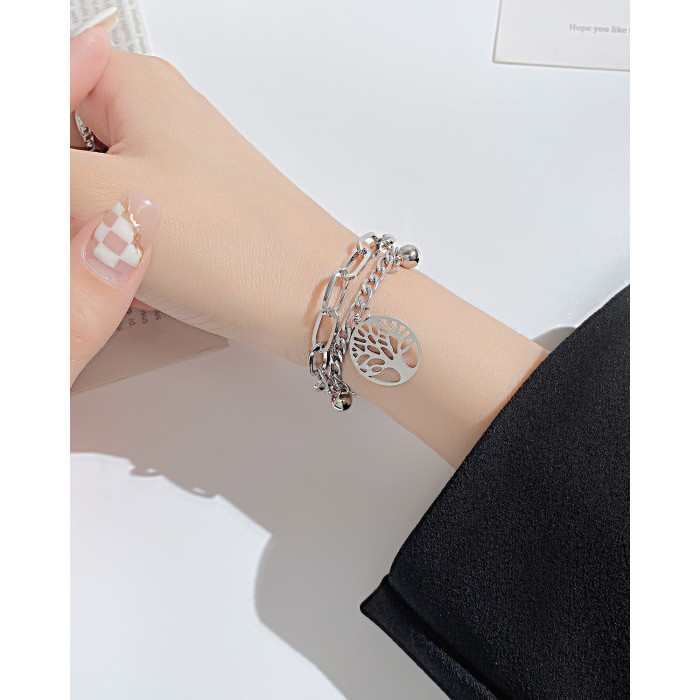 Ornament Wholesale Fashion Multi-Layer Stainless Steel Bracelet  Round Beads Lucky Life Tree Women's Bracelet 1260