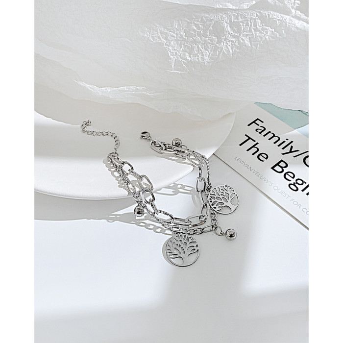 Ornament Wholesale Fashion Multi-Layer Stainless Steel Bracelet  Round Beads Lucky Life Tree Women's Bracelet 1260