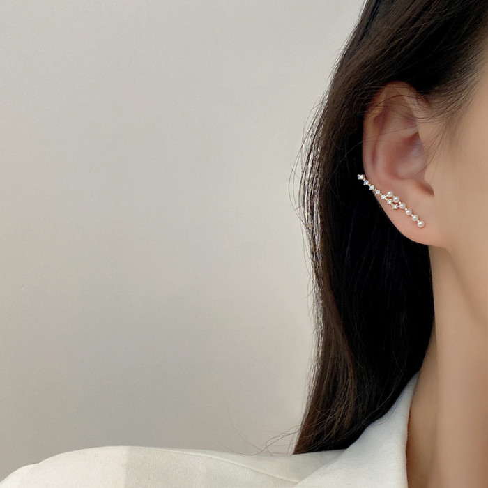Handmade Fine Jewelry Creative Minimalist Pearl Zircon Inlaid Parallel Lines Stud Earrings for Women