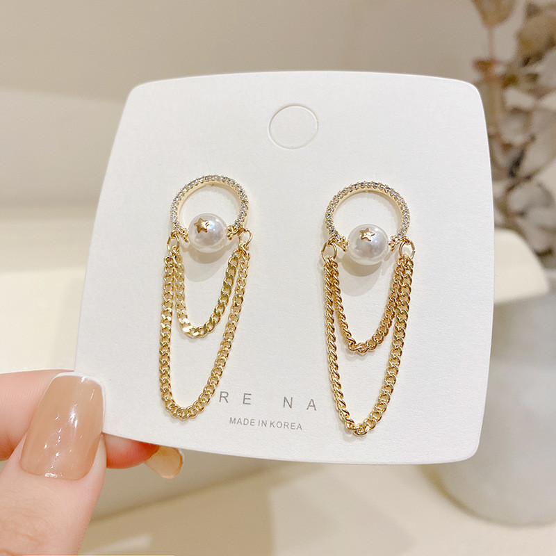 U Magical Exquisite Circle Open Long Chain Metal Tassel Dangle Earring for Women Rhinestones Pearl Earring Jewelry