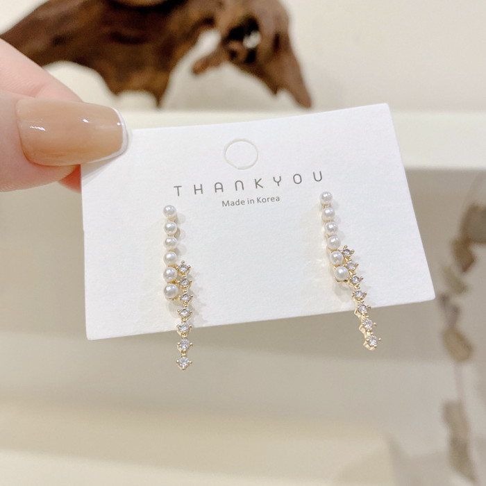 Handmade Fine Jewelry Creative Minimalist Pearl Zircon Inlaid Parallel Lines Stud Earrings for Women