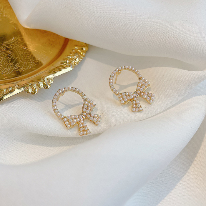 Classic Bowknot Women Stud Earrings Lovely Girl Bow Tie Pearl Ear Studs Fashion Jewelry Womens Accessories Earrings Pink