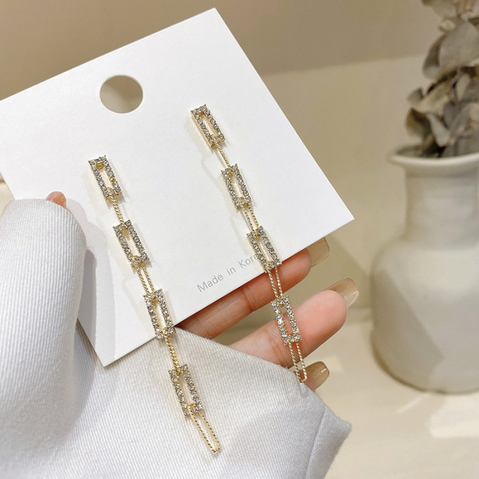 Hollow Out Zircon Square Tassel Long Drop Earrings For Women Personality Big Statement Dangle Earings With Stones