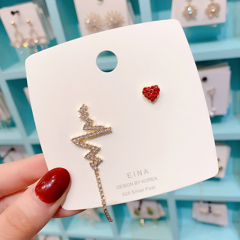 Heartbeat LOVE Earrings Red Zircon Heart Irregular Stud Earring Jewelry Couple Lovers' Gift Wholesale
