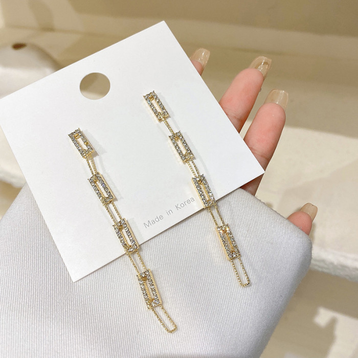 Hollow Out Zircon Square Tassel Long Drop Earrings For Women Personality Big Statement Dangle Earings With Stones