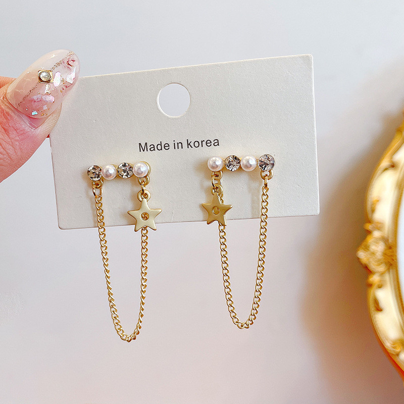 Korean Fashion Chain Tassel Star Earrings Gold Color Plated Cubic Zircon Paved Stud Earrings for Women