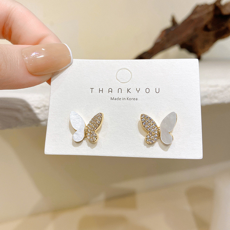 Original Arrival Trendy Simple Shell Zircon Fritillaria Butterfly Stud Earrings For Women Fashion Crystal Jewelry Gifts