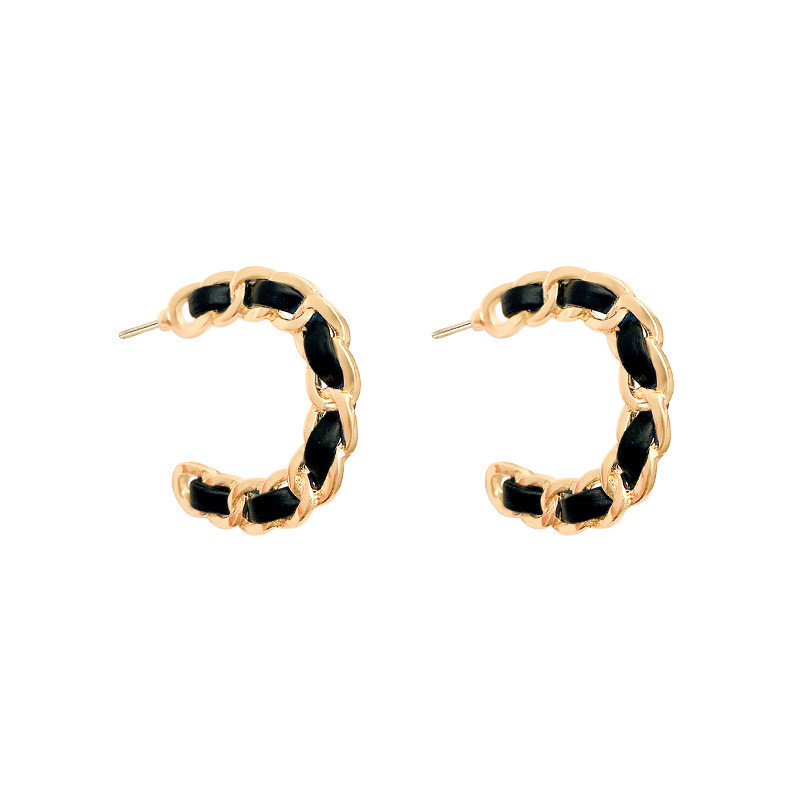 Exaggeration Twisted Chain Black Leather Earrings for Women Gold Color Alloy Link Open Hoop Earrings