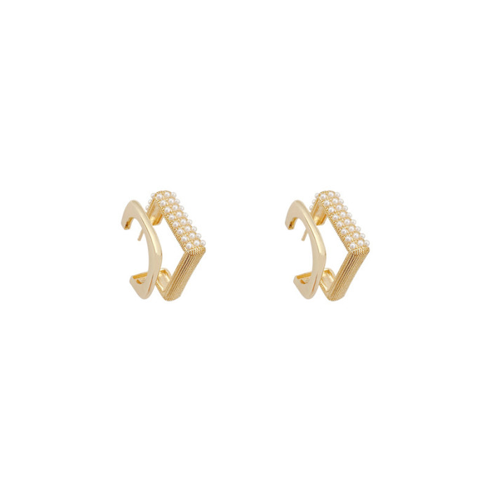 New Gold Silver Color Double Layer Metal Geometric Square Pearl Inlaid Stud Earrings Trendy for Women Girls Travel Jewellry