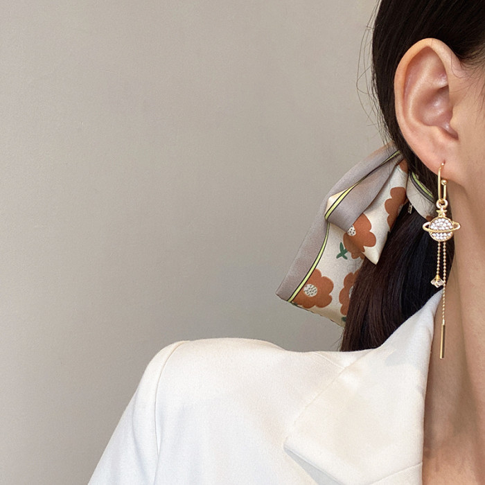 Trendy Zircon Planet Star Long Earrings Hoops For Women Fashion Korean Jewelry Tassel Asymmetrical Earrings