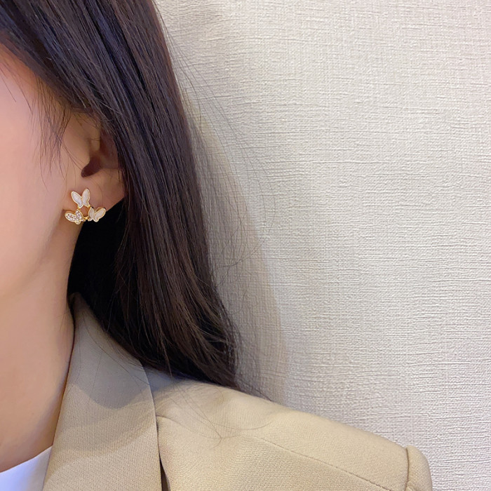 Female Korean Style Seashell Zircon Inlaid Minimalism Glossy Girl Heart Three Butterflies Earrings