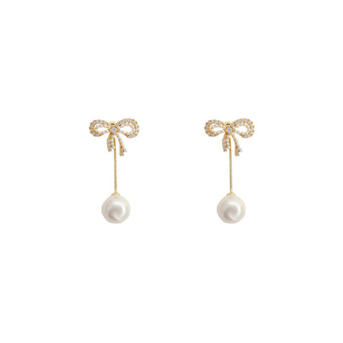 Bow Pearl Dangle Earrings for Woman Luxury Drop Tassel Zircon Micro Set Pierced Stud Earrings A Two Wear Party Unusual Jewelry