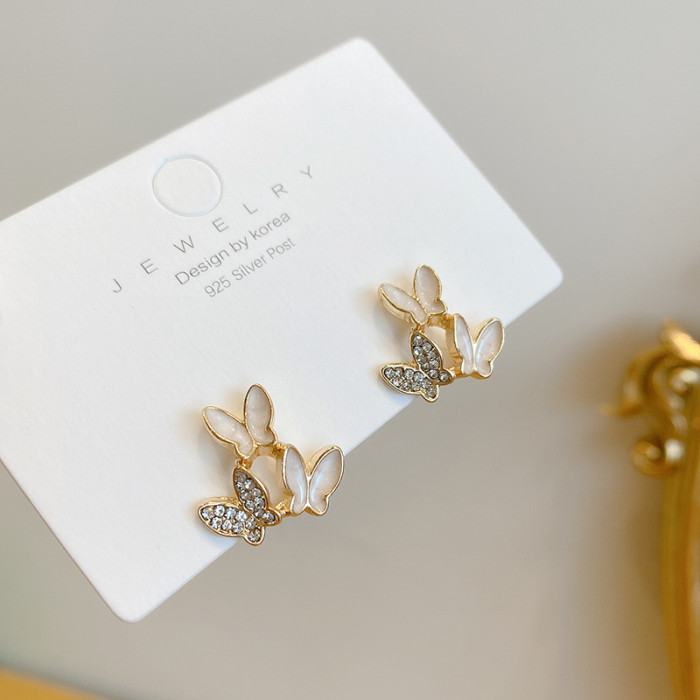 Female Korean Style Seashell Zircon Inlaid Simple Glossy Girl Heart Three Butterflies Ear Rings