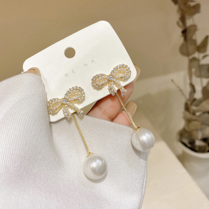 Bow Pearl Dangle Earrings for Woman Luxury Drop Tassel Zircon Micro Set Pierced Stud Earrings A Two Wear Party Unusual Jewelry