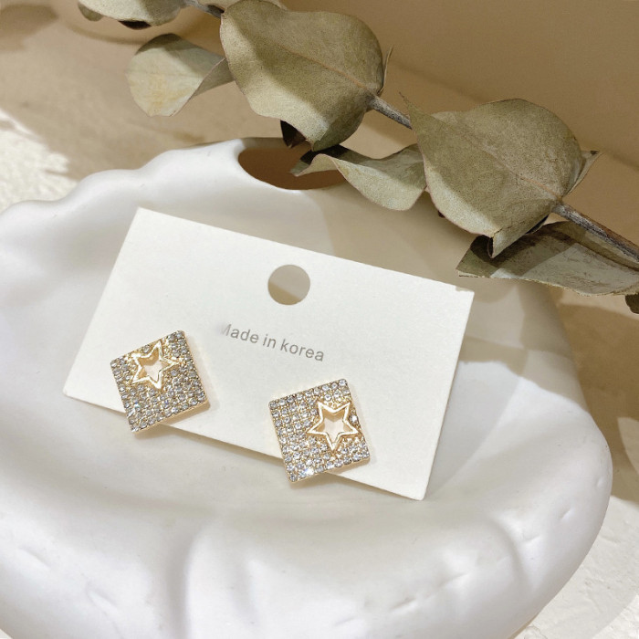 Yellow Gold Square Zircon Inlaid Hollow Star Stud Earrings for Women Hollow Square Gold Earrings Jewelry