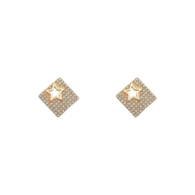 Yellow Gold Square Zircon Inlaid Hollow Star Stud Earrings for Women Hollow Square Gold Earrings Jewelry