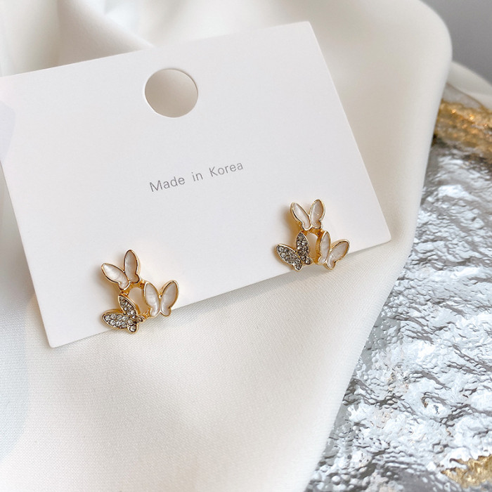 Female Korean Style Seashell Zircon Inlaid Simple Glossy Girl Heart Three Butterflies Ear Rings