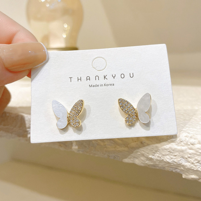 Luxury Trendy Simple Shell Zircon Fritillaria Butterfly Stud Earrings For Women Fashion Crystal Jewelry Gifts