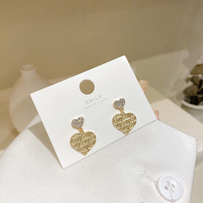 New Fashion Korean Drop Earrings for Women Metal Zircon Inlaid Double Heart Korean Jewelry Female Earring Girls Gift