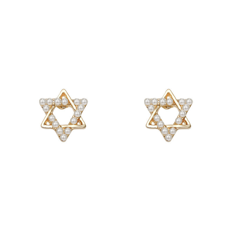 Six Pointed Star Pearl Inlaid Hollow Stud Earrings Fashion Women Girls Simple Jewelry Birthday Christmas Gift