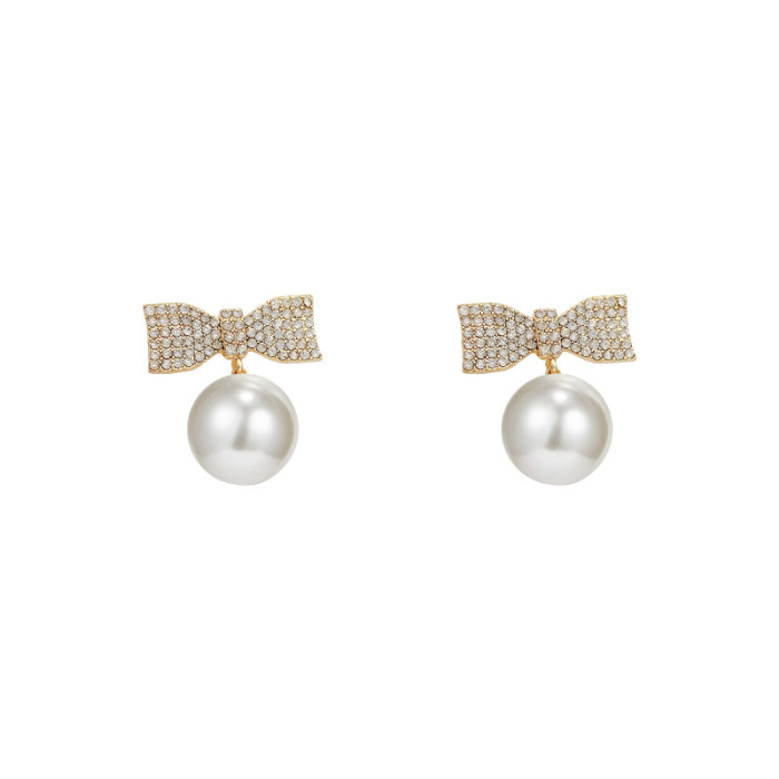Elegant Simple Zircon Bow Pearl Stud Earrings Women High Sense Charm Wedding Gift Jewelry