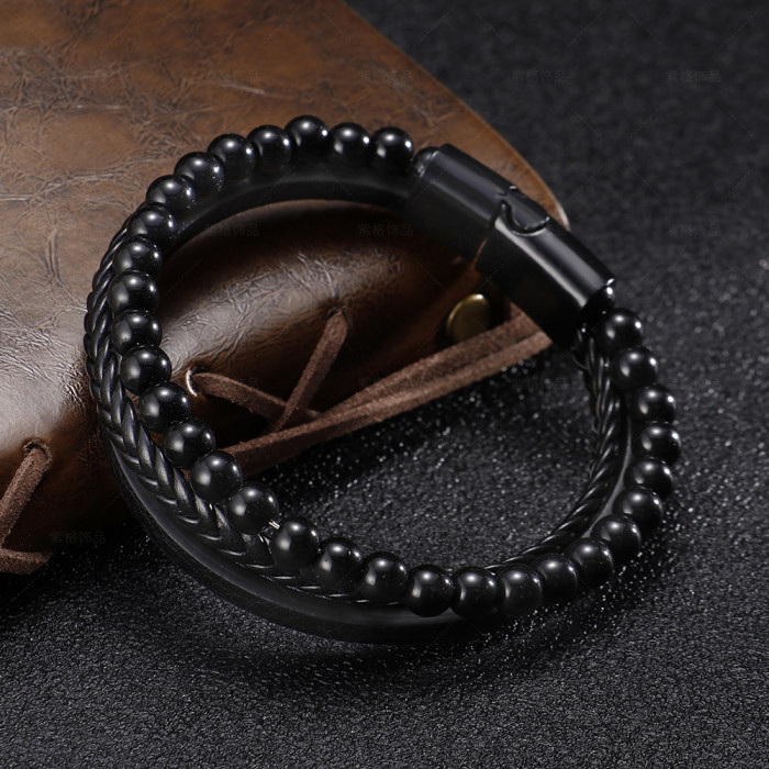 Original Stainless Steel Sleep Energy Bead Anti Cancer Black Gall Natural Eye Bracelet Men Weaving Healthy Leather Bracelet
