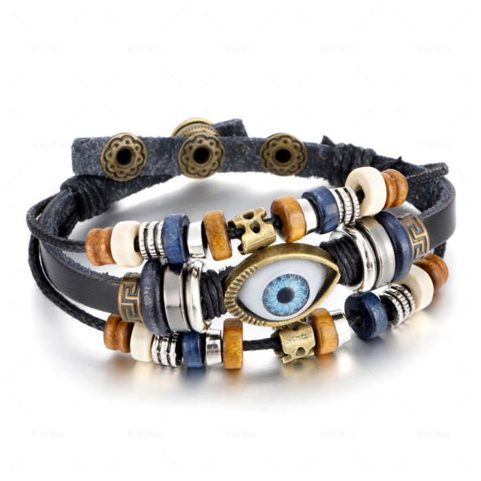 Ethnic MultiLayer Hand-Woven Luck Blue Evil  Eyes Leather  Bracelet  Men Women Adjustable Vintage Punk Wrap Wristband Bracelet