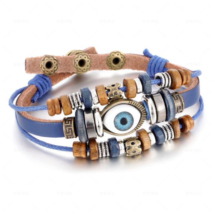 Ethnic MultiLayer Hand-Woven Luck Blue Evil  Eyes Leather  Bracelet  Men Women Adjustable Vintage Punk Wrap Wristband Bracelet