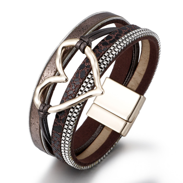 Bohemian Style Multi-Layer Leather Love  Heart Charm Bracelet Women's Fashion Magnetic Buckle Bracelet  d23f1g6