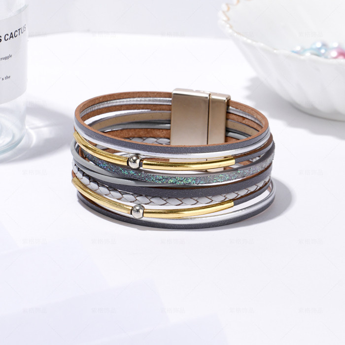 Bohemian Bracelet Women's Multi-Layer Hand-Woven Leather Fashion Magnetic Buckle Bracelet Gift  d54fg