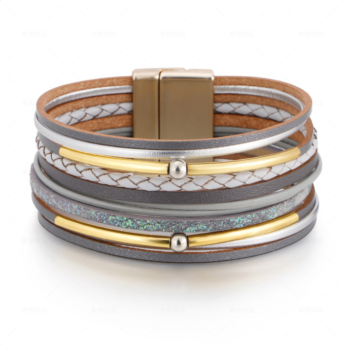 Bohemian Bracelet Women's Multi-Layer Hand-Woven Leather Fashion Magnetic Buckle Bracelet Gift  d54fg