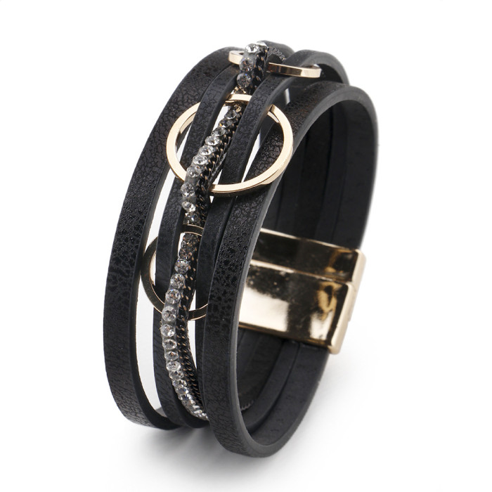 Wholesale Magnetic Snap Women's Bracelet Buckle Creative Wide Wrap  Multi-Layer PU Leather Bracelet  ds2516