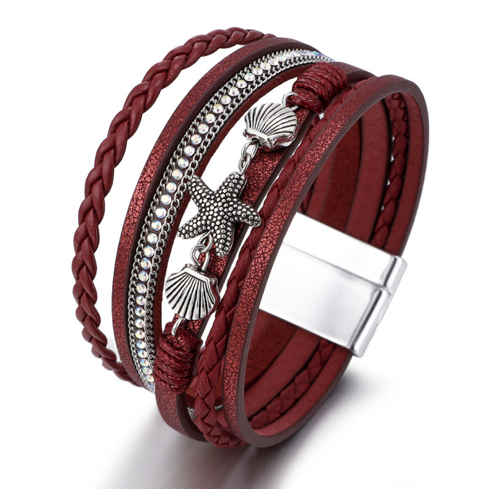 Amazon Summer Shell Starfish Rope Bracelet Women's Hand-Woven Multilayer Wide Wrap Leather Bohemian Bracelet