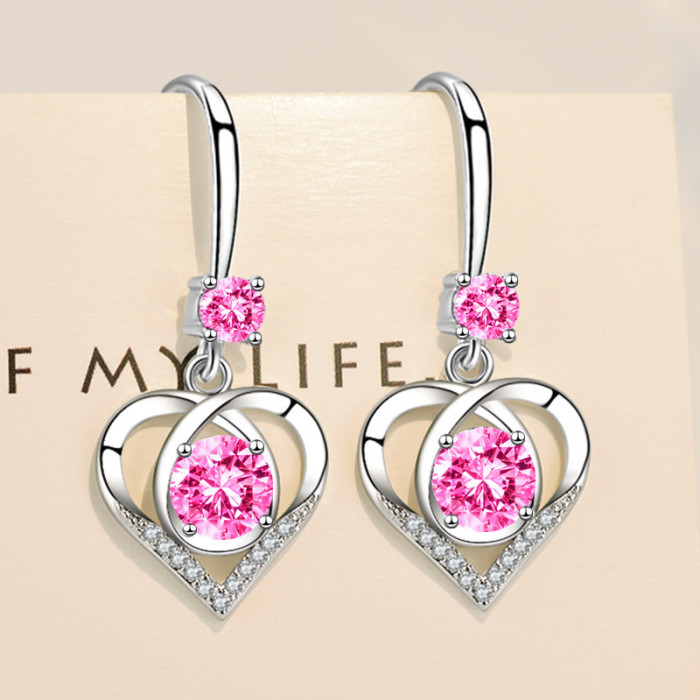 Wholesale S925 Sterling Trendy Women's Fashion Jewelry High Quality Crystal Zircon Hollow Heart Shaped Long Tassel Hook Earrings