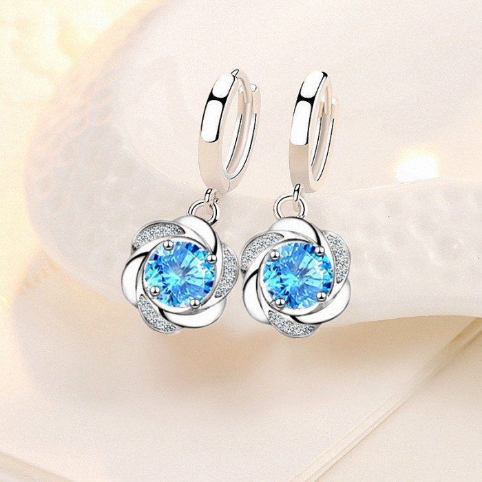 Wholesale S925 Sterling Silver 2021 Trendy Women's Fashion Jewelry High Quality Blue Pink Crystal Zircon Simple Flower Earrings