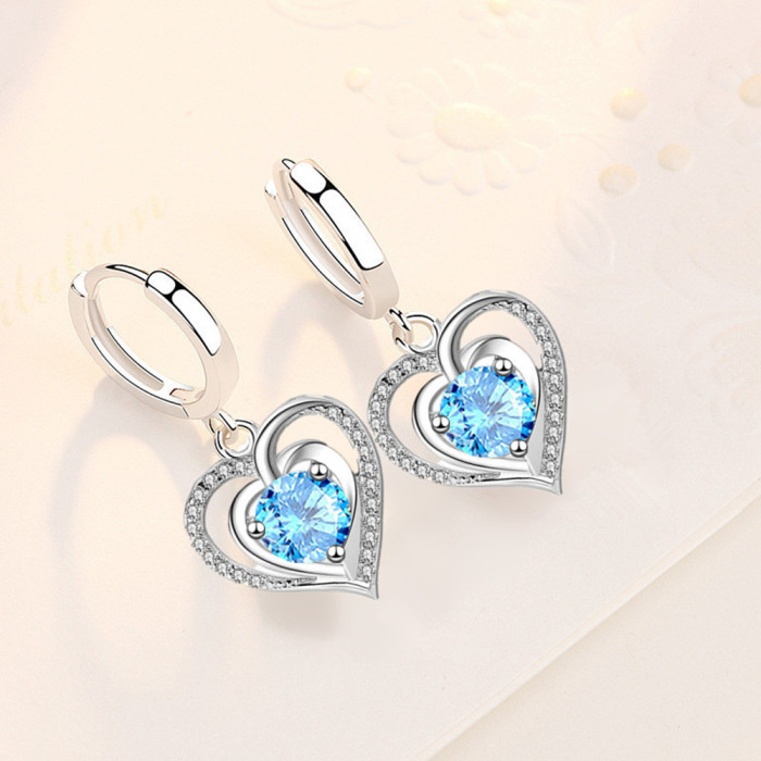 Wholesale S925 Sterling Silver Women Fashion Jewelry High Quality Blue Crystal Zircon Hollow Heart Shape Hot Selling Earrings