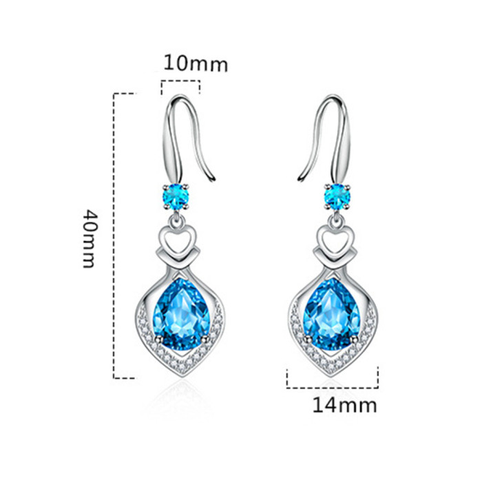 Wholesale S925 Sterling Silver Women Fashion Jewelry High Quality Blue Pink Crystal Zircon Heart Love Hook Earrings