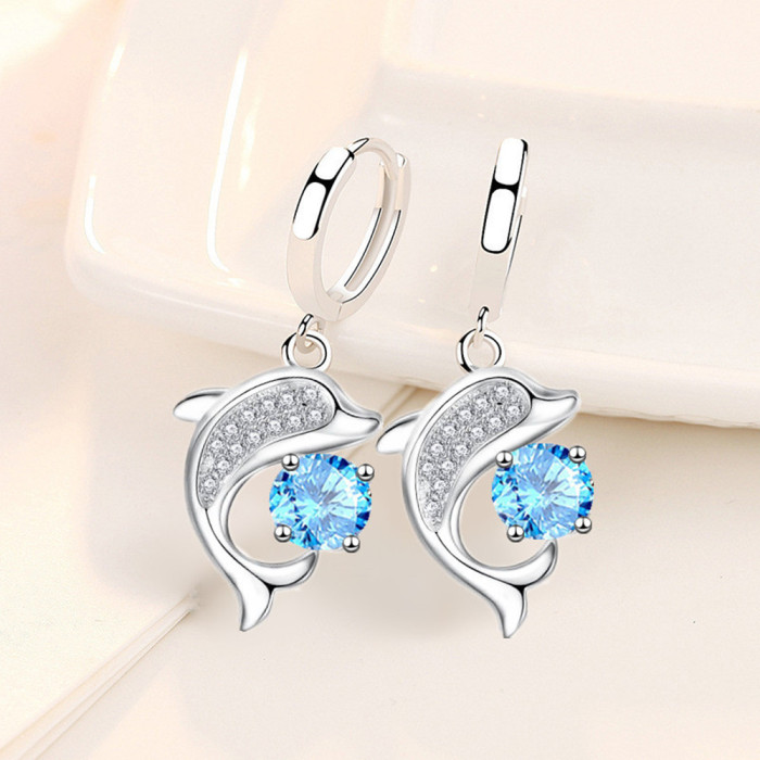 Wholesale S925 Sterling Silver Women Fashion Jewelry High Quality Blue Pink Crystal Zircon Dolphin Hot Selling Earrings