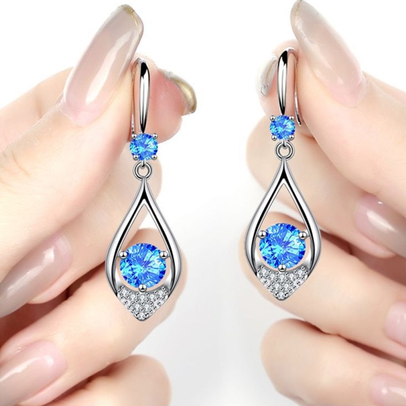 Wholesale S925 Sterling Women Fashion Jewelry High Quality Blue Pink White Crystal Zircon Hot Selling Retro Earrings