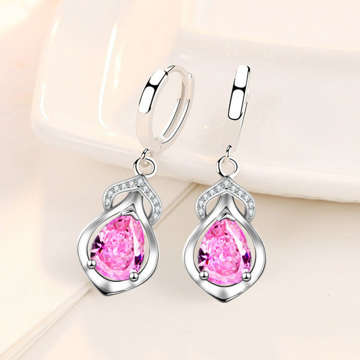 Wholesale S925 Sterling Silver Women Fashion Jewelry High Quality Blue Pink Crystal Zircon Simple Hot Selling Earrings