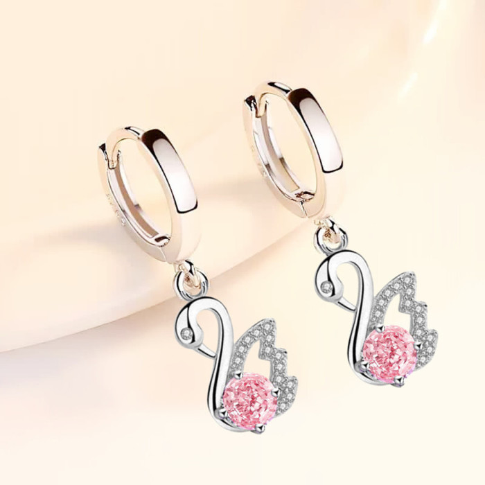 S925 Sterling Silver Trendy women Fashion Jewelry Earrings Pink Blue White Crystal Zircon Long Tassel Retro Swan Earrings