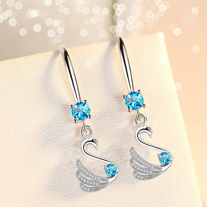 Wholesale S925 Sterling Silver Trendy women Fashion Jewelry Blue Pink Zircon Crystal Swan Long Tassel Retro Simple Hook Earrings