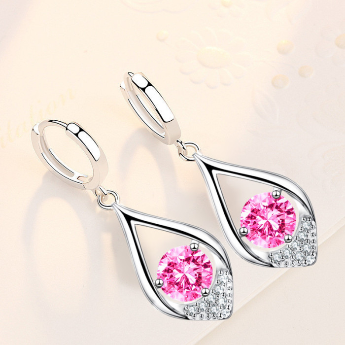 Wholesale S925 Sterling Silver Trendy women's Fashion Jewelry High Quality Leaf Drop Earrings Blue Pink Crystal Zircon Earrings