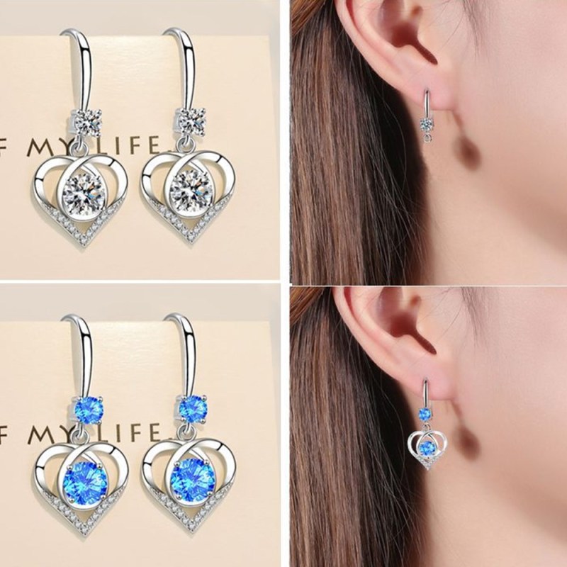 Wholesale S925 Sterling Trendy Women's Fashion Jewelry High Quality Crystal Zircon Hollow Heart Shaped Long Tassel Hook Earrings