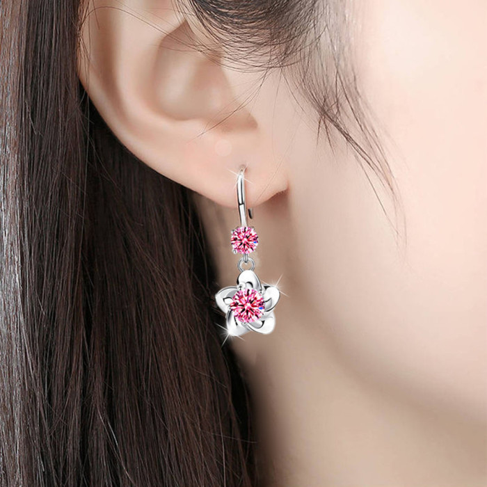 Wholesale S925 Sterling Silver Trendy women Fashion Jewelry Pink Blue White Crystal Zircon Long Tassel Flower Hook Type Earrings