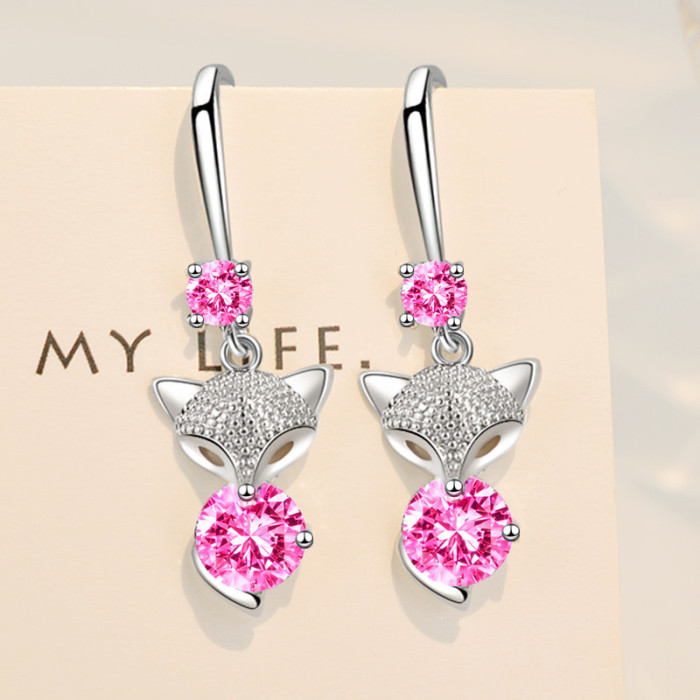 Wholesale S925 Sterling Silver Trendy Women  Fashion Jewelry High Quality Blue Pink Crystal Zircon Fox Long Tassel Hook Earrings