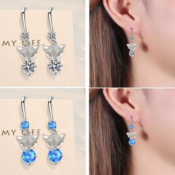 Wholesale S925 Sterling Silver Trendy Women  Fashion Jewelry High Quality Blue Pink Crystal Zircon Fox Long Tassel Hook Earrings