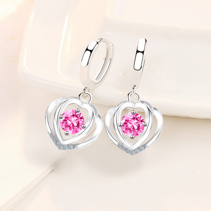 Wholesale S925 Sterling 2022 Women Fashion Jewelry High Quality Blue Pink Cubic Zirconia Simple Heart Love Earrings