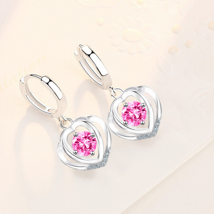 Wholesale S925 Sterling 2022 Women Fashion Jewelry High Quality Blue Pink Cubic Zirconia Simple Heart Love Earrings