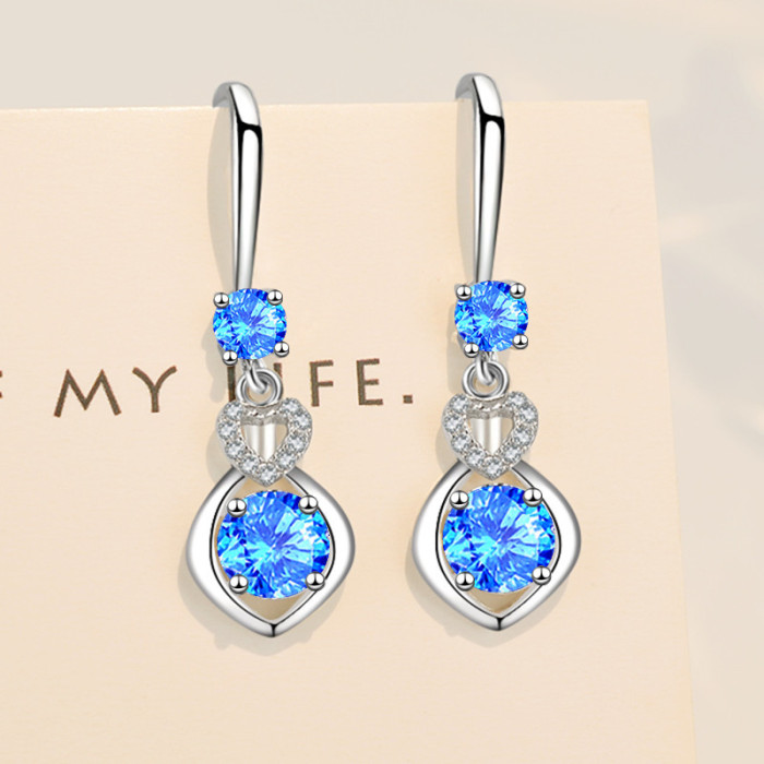 Wholesale S925 Sterling Women Fashion Jewelry High Quality Blue Pink Crystal Zircon Heart Shaped Long Tassel Hook Earrings